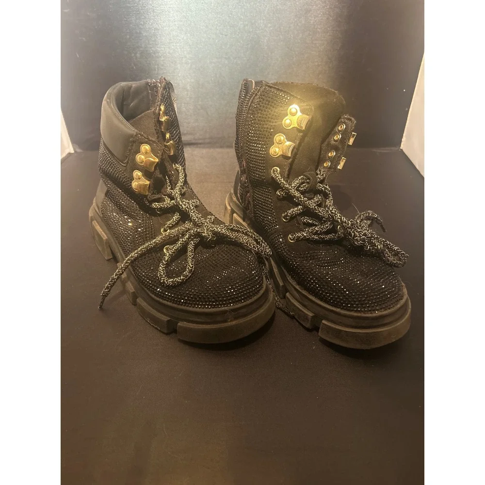 Wonder Nation Girls Black Rhinestone Combat Boots Side‎ Zip Lug Sole Size 1